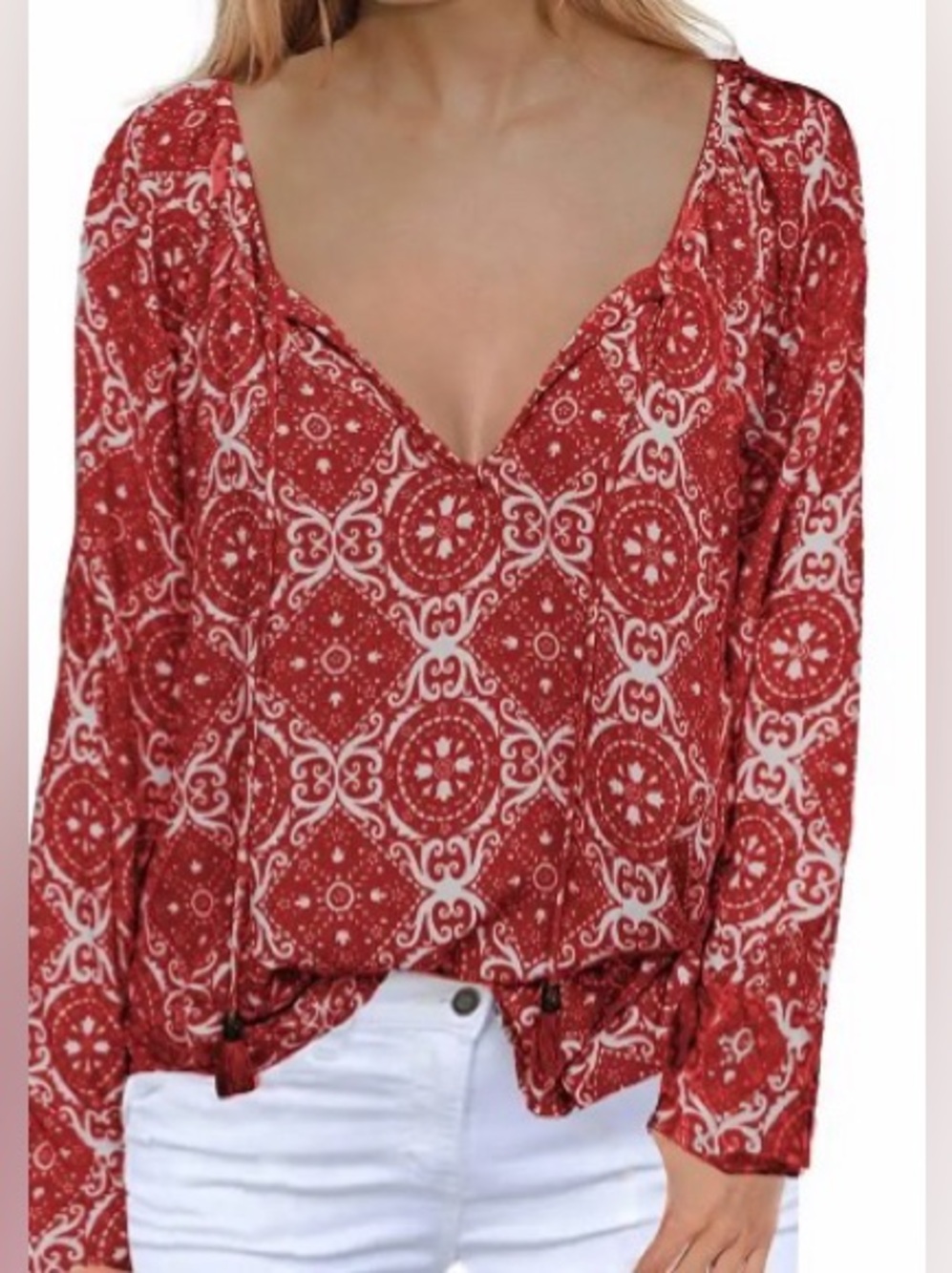 Miholl Red Boho Printed V-Neck Long Sleeve Tunic Blouse XL